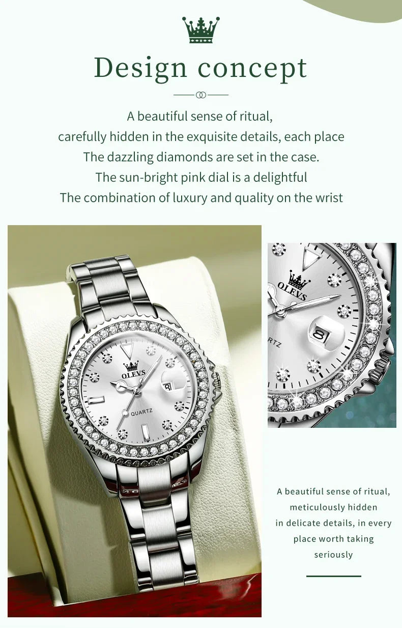 OLEVS 9945 Luxury Diamond Stainless Steel Quartz Watch for Women Elegant Ladies Waterproof Sport Women's Wristwatch Reloj Mujer