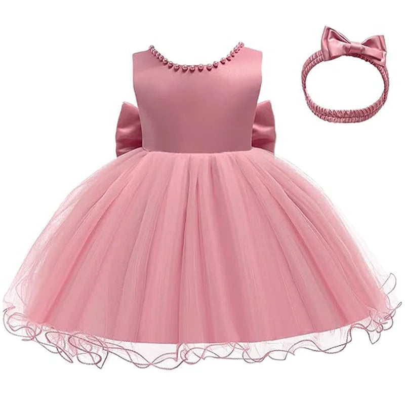 Infant Baby Tulle Backless Pageant Wedding Party Flower Girls Big Bow Dress With Headwear For Toddler Baptism Birthday Prom Gown