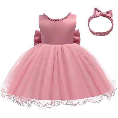Infant Baby Tulle Backless Pageant Wedding Party Flower Girls Big Bow Dress With Headwear For Toddler Baptism Birthday Prom Gown