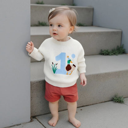 Baby Boy Birthday Sweater Casual Duck Letter Embroidery Infant Pullover Knitwear for Toddler Warm Clothes