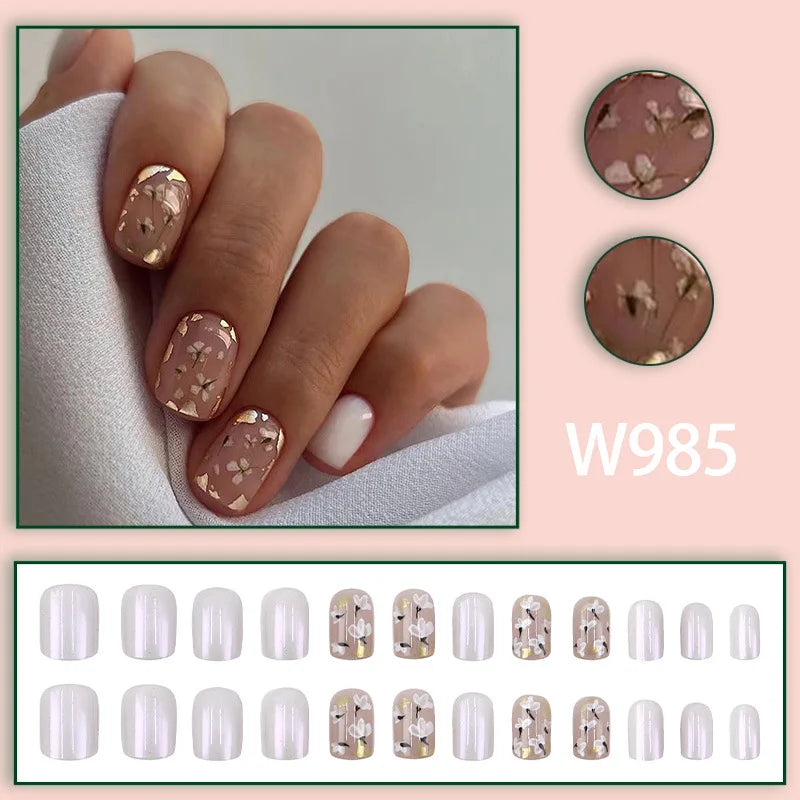 Blue French 24 Pcs Press on Nails Pink Gradient Fake Nails Glossy Artificial Finger Manicure Reusable False Nails