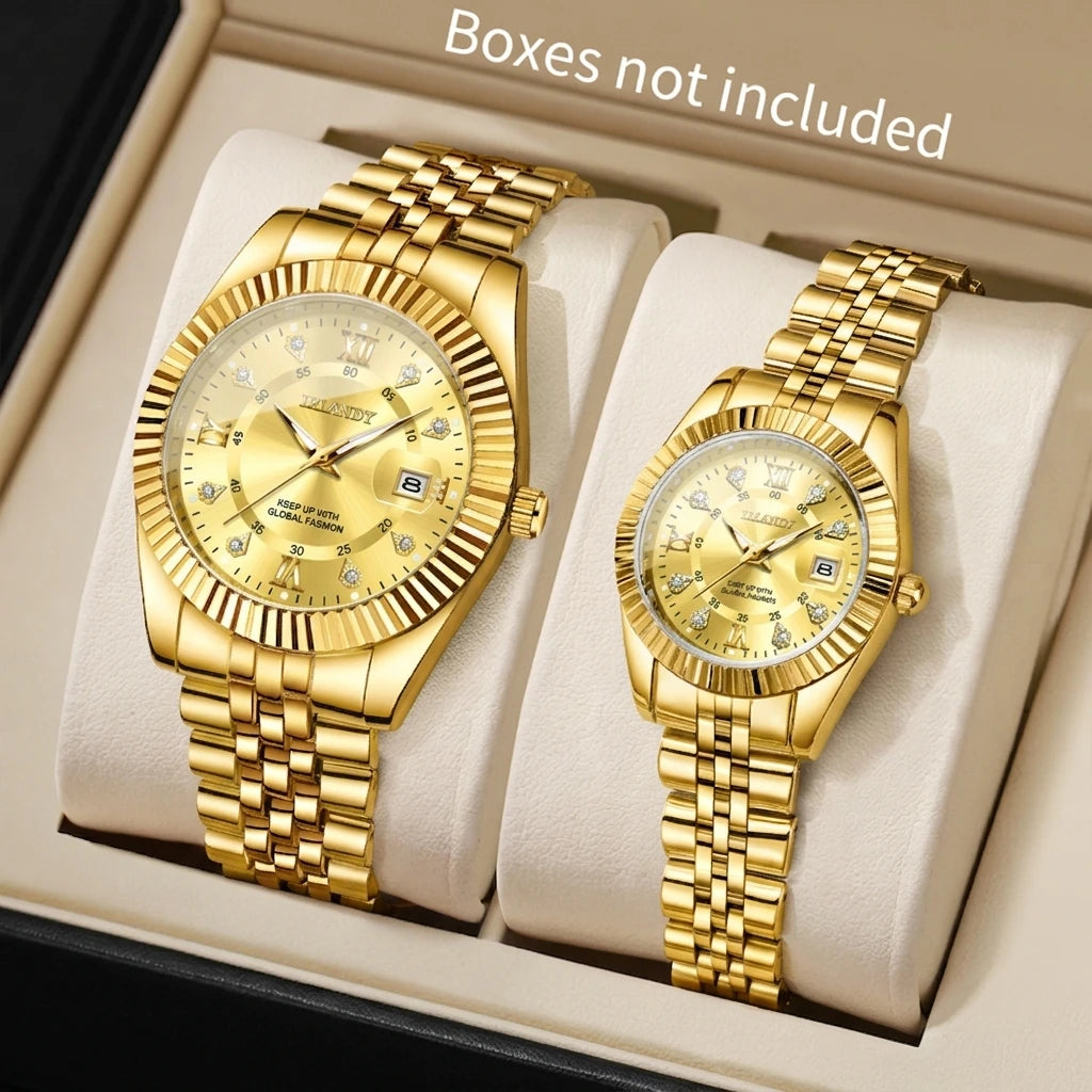 2PCS Fashion Couple's Watches Set Luxury Rhinestone Roma Dial Women Quartz Watch Men Calendar Business Wristwatches（Without Box）
