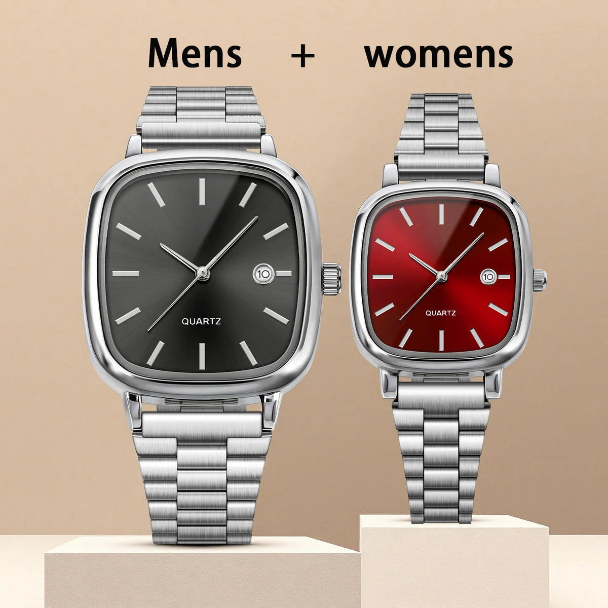 Couple Watches for Men and Women; Quartz Watches with Stainless Steel Bands and Calendar; Christmas Gift.