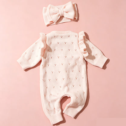 YlsteeeNewborn Baby Girl Knitted Romper Set with Bow Headband, Ruffle Sleeve Heart Knit Jumpsuit for 0-3M Photography Daily Wear