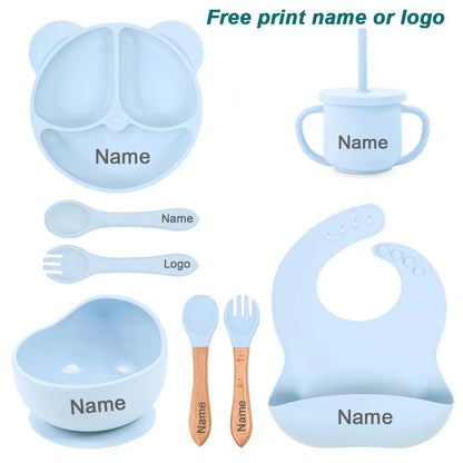 Feeding Set Silicone For Baby Sucker Bowl Dishes Plate For Kids Bear Plate Set Baby Tableware Children's Cup With Straw 8Pcs