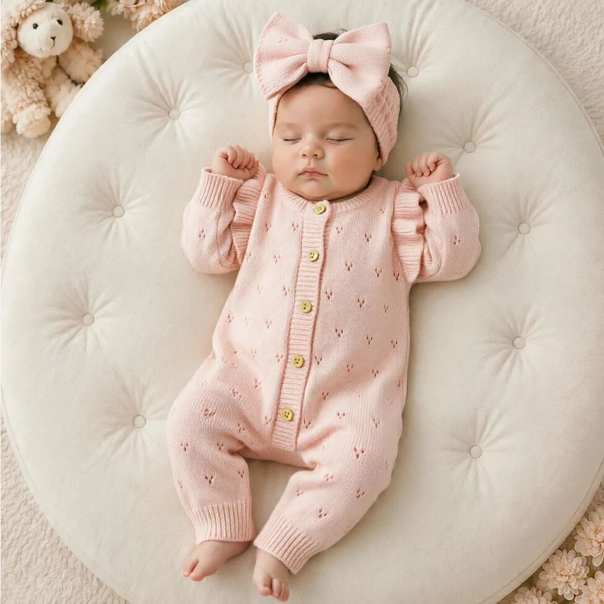YlsteeeNewborn Baby Girl Knitted Romper Set with Bow Headband, Ruffle Sleeve Heart Knit Jumpsuit for 0-3M Photography Daily Wear