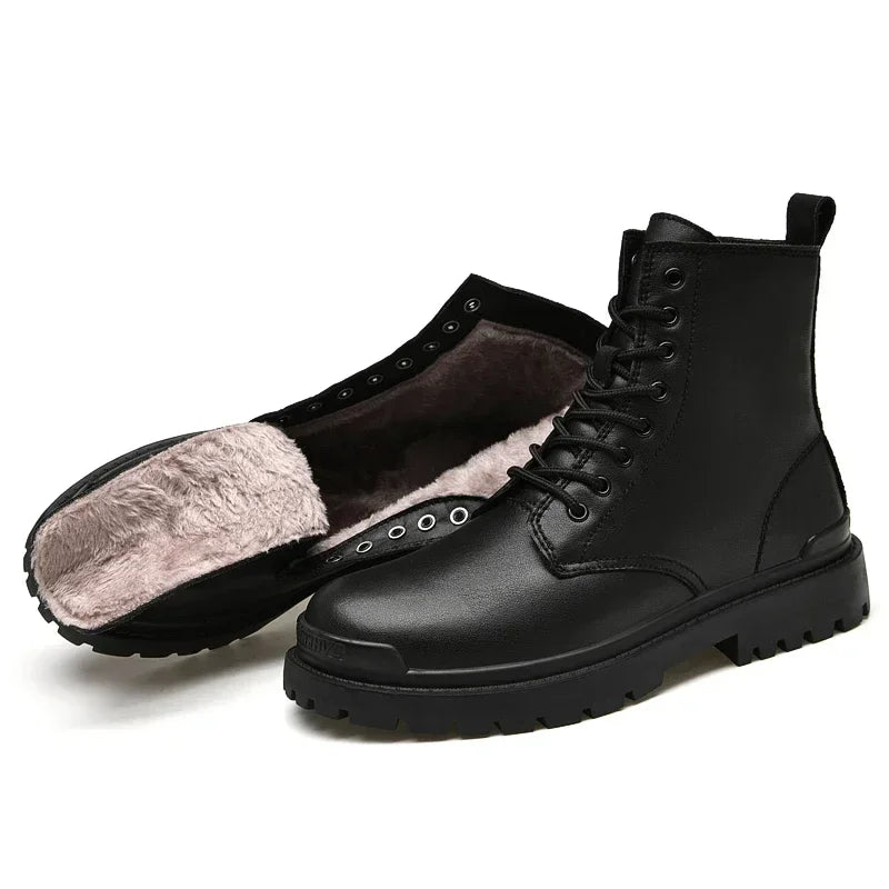 Genuine Leather Motorcycle Boots Men Winter Warm Snow Ankle Boots Man Quality Outdoor Shoes Leisure Walking Shoes Big Size 38-48