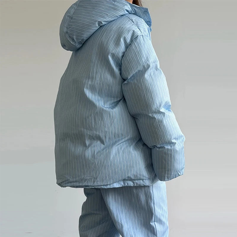 Casual Women's Stripe Set With Hat Full Sleeve Cotton Padded Coat Straight Pants Female Loose Sets 2026 Autumn Winter Lady Suit