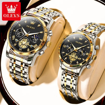 OLEVS Luxury Flywheel Design Couple Wristwatch Chronograph Waterproof Moon Phase Watch Brand Original Quartz Watch for Men Women