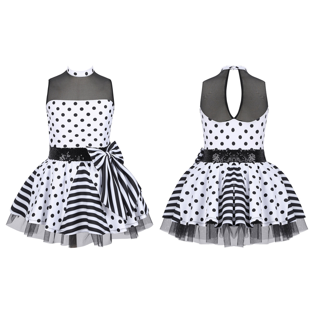 Girls Jazz Latin Ballet Dance Dress Polka Dots Print Mesh Sequin Bowknot Tutu Dress Birthdays Party Wedding Flower Girl Dresses