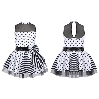 Girls Jazz Latin Ballet Dance Dress Polka Dots Print Mesh Sequin Bowknot Tutu Dress Birthdays Party Wedding Flower Girl Dresses