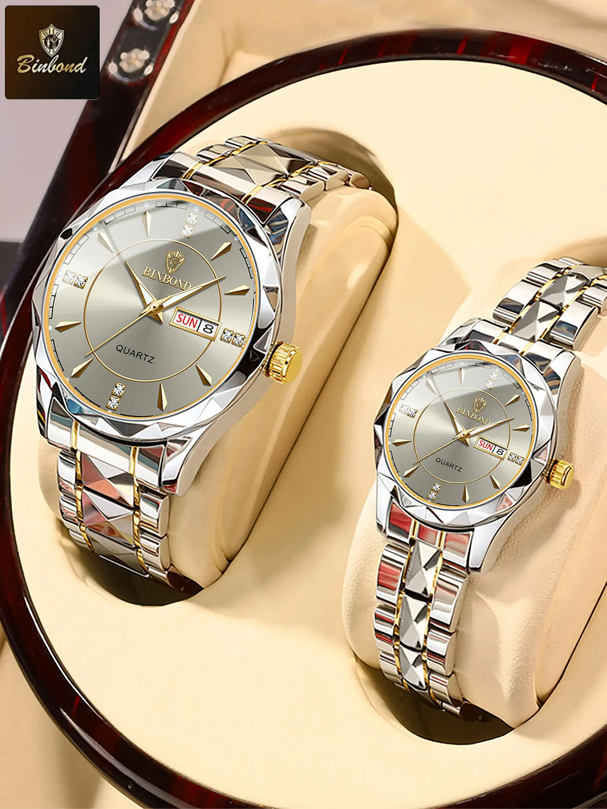 BINBOND Fashion Couple Watches Waterproof Diamond Valentine Day Lover Gift Stainless Steel Watch Men Women Quartz Watch 2pcs