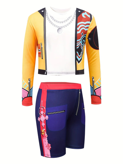 Girls' Casual Outfit: Long-Sleeved Top + Tight Shorts Two-Piece Set with Cartoon Print, Fashionable and Versatile, Suitable for Girls Aged 4-11, for Home and Outings