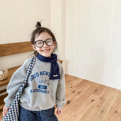 deer jonmi 2025 Winter Children Letter Printed Sweatshirts Thicken Warm Baby Boys Casual Fleece Lining Pullovers Tops
