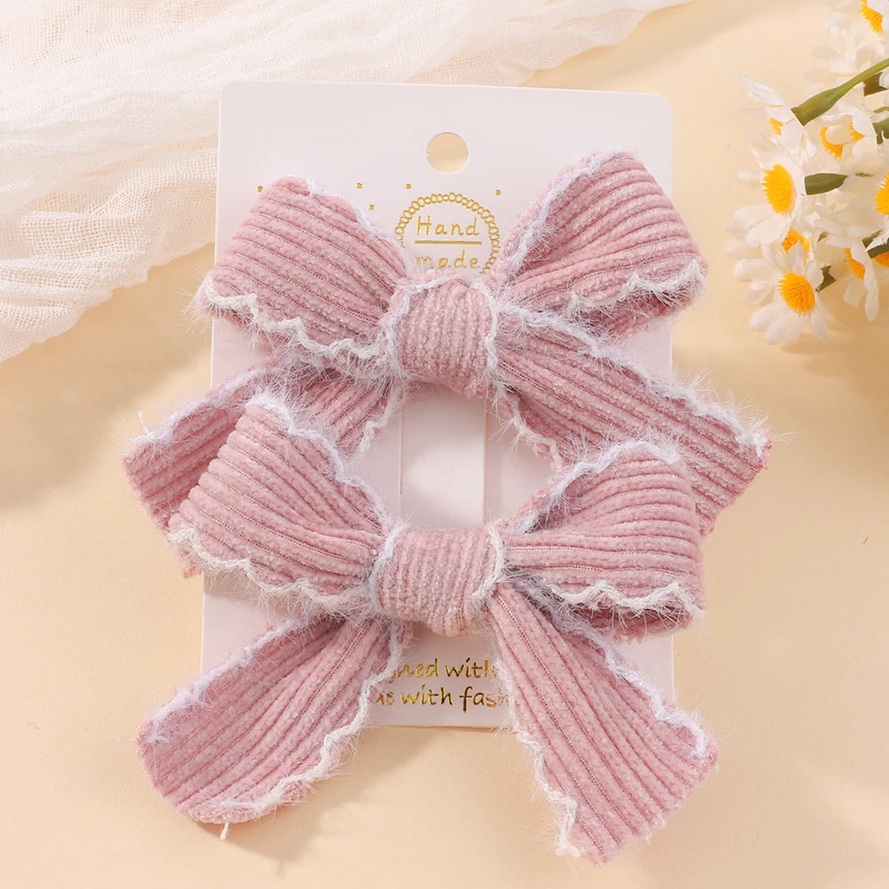 2pcs Knitting Wool Bow Barrettes Striped Lace Bow Hair Clip For Girl Baby Autumn Decor Hair Accessories Kid Party Wear Hairpin