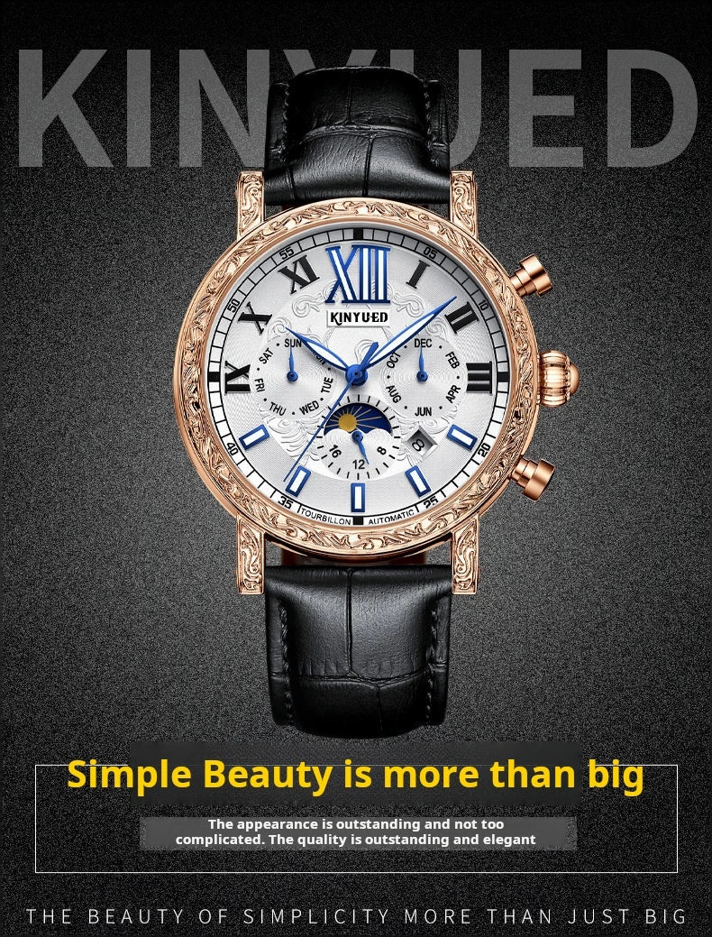 KINYUED Brand Luxury Men's Moon Phase Automatic Mechanical Watch Leather Strap Waterproof Week Date Casual Dress Wrist Watches
