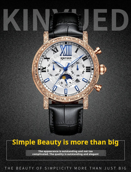 KINYUED Brand Luxury Men's Moon Phase Automatic Mechanical Watch Leather Strap Waterproof Week Date Casual Dress Wrist Watches