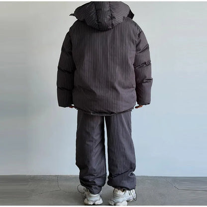Street Striped Women's Cotton Coat Trouser Suits Hooded Zippers  Autumn Winter Thicken Lady Set 2026 Chic Female Outfits