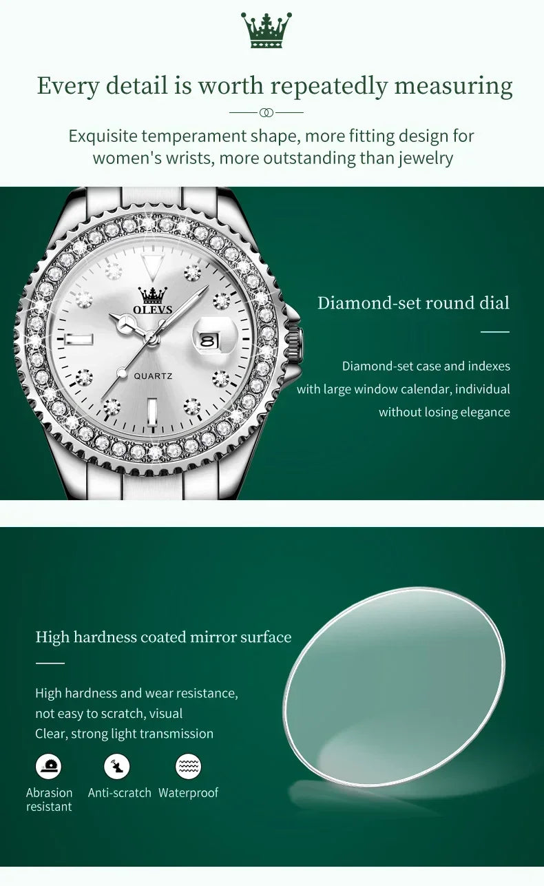OLEVS 9945 Luxury Diamond Stainless Steel Quartz Watch for Women Elegant Ladies Waterproof Sport Women's Wristwatch Reloj Mujer