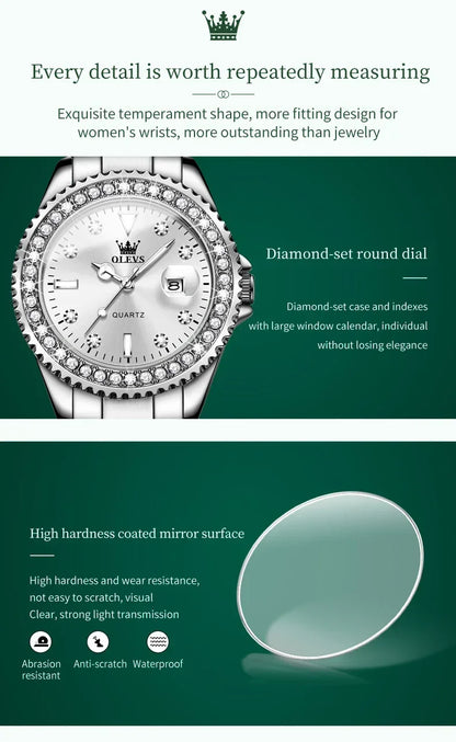 OLEVS 9945 Luxury Diamond Stainless Steel Quartz Watch for Women Elegant Ladies Waterproof Sport Women's Wristwatch Reloj Mujer