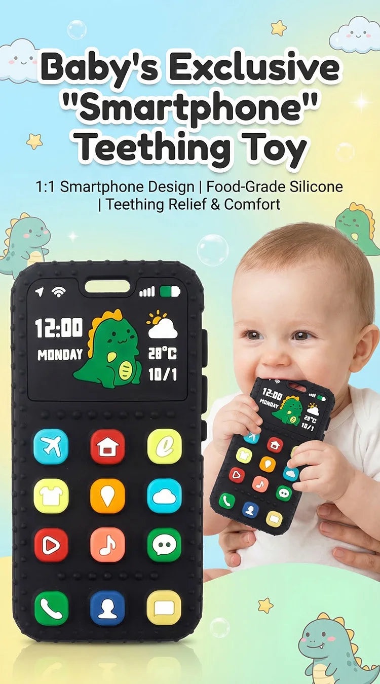 Baby Dinosaur Phone Teething Toy Food Grade Silicone Chew Molar Stick BPA Free Boilable Cute Toddler Teether Soothing Gum Relief