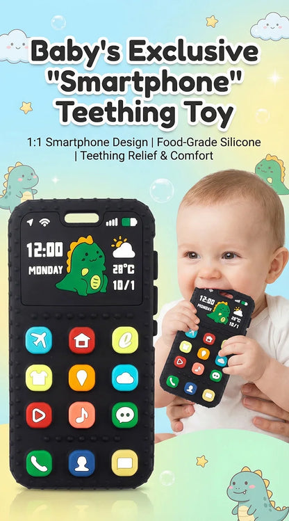 Baby Dinosaur Phone Teething Toy Food Grade Silicone Chew Molar Stick BPA Free Boilable Cute Toddler Teether Soothing Gum Relief