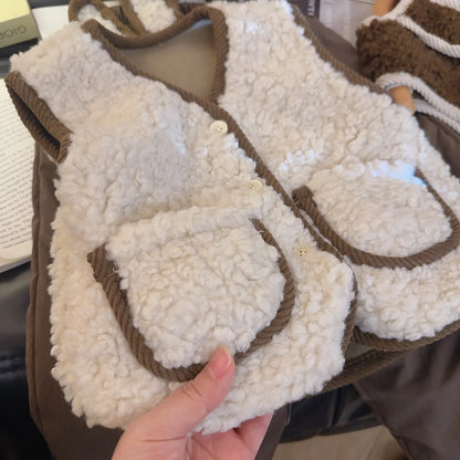 Autumn Winter Baby Lamb Wool Warm Waistcoat Girls Bunny Ears Plush Vest Single Breasted Layer Child Warm Fashion Warm Coat