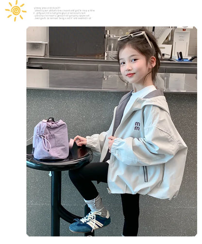 2026 Spring Autumn Girls Reversible Waterproof Hooded Jacket Teen Kid Letter Print Windbreaker Coat Children Loose Outerwear Top