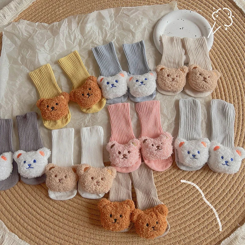 Korean Cartoon Bear Baby Sock Cute Middle Tube Boys Girls Sock Soft Infant Toddler Sokken Solid Color Newborn Sox