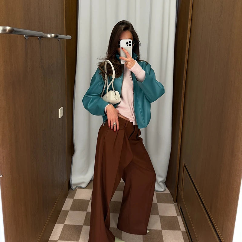 Street Pu Leather Women Jacket Elegant Long Sleeve Zippers Stand Collar Female Outwear 2026 Autumn Winter Chic Lady Coat