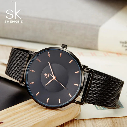 Shengke Fashion Black Watch for Women Classic Relogio Feminino Quartz Ladies Watch Woman Adjustable Mesh Strap Montre Femme