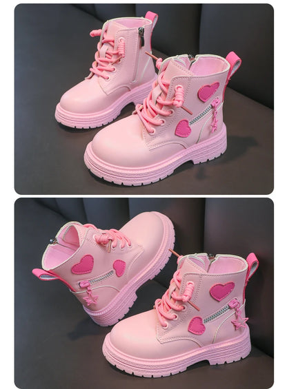 Girls Boots Kids Fashion Rubber Boots Cool Girl Autumn and Winter Cotton Soft Sole Pink with Love Side Zip Princess Round-toe PU
