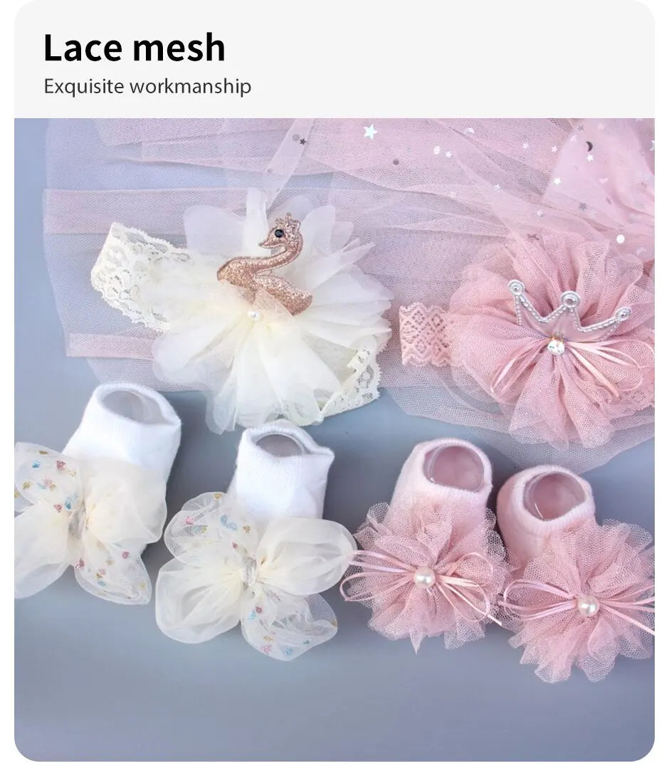2 Pcs/Set Crown Baby Headband Socks Lace Bows Newborn Infant Girl Socks Hairband Set Kids Hair Accessories