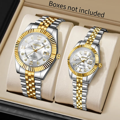 2PCS Fashion Couple's Watches Set Luxury Rhinestone Roma Dial Women Quartz Watch Men Calendar Business Wristwatches（Without Box）