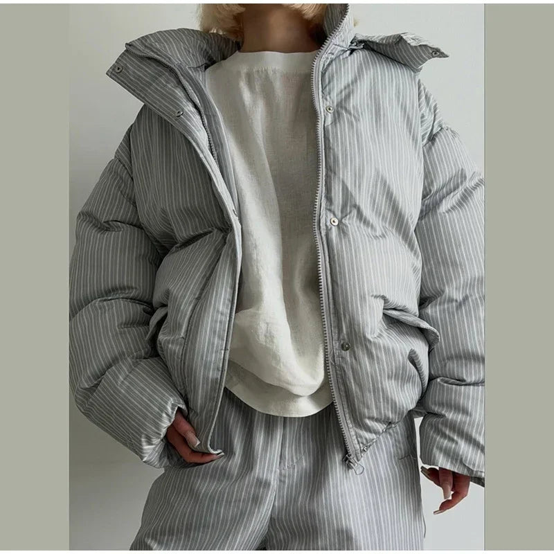 Stripe Women's Padded Cotton Coats Pant Suit Hooded Zipper Puffer Coat Loose Thick Pants 2026 Fashion Lady Autumn Winter Ski Set