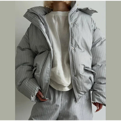Stripe Women's Padded Cotton Coats Pant Suit Hooded Zipper Puffer Coat Loose Thick Pants 2026 Fashion Lady Autumn Winter Ski Set