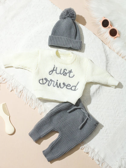 Ylsteed 3 Pcs Set Knitting Newborn Boy Photography Clothes "Just Arrived" Embroidery Khaki Baby Outfits Sweater Baby Shower Gift
