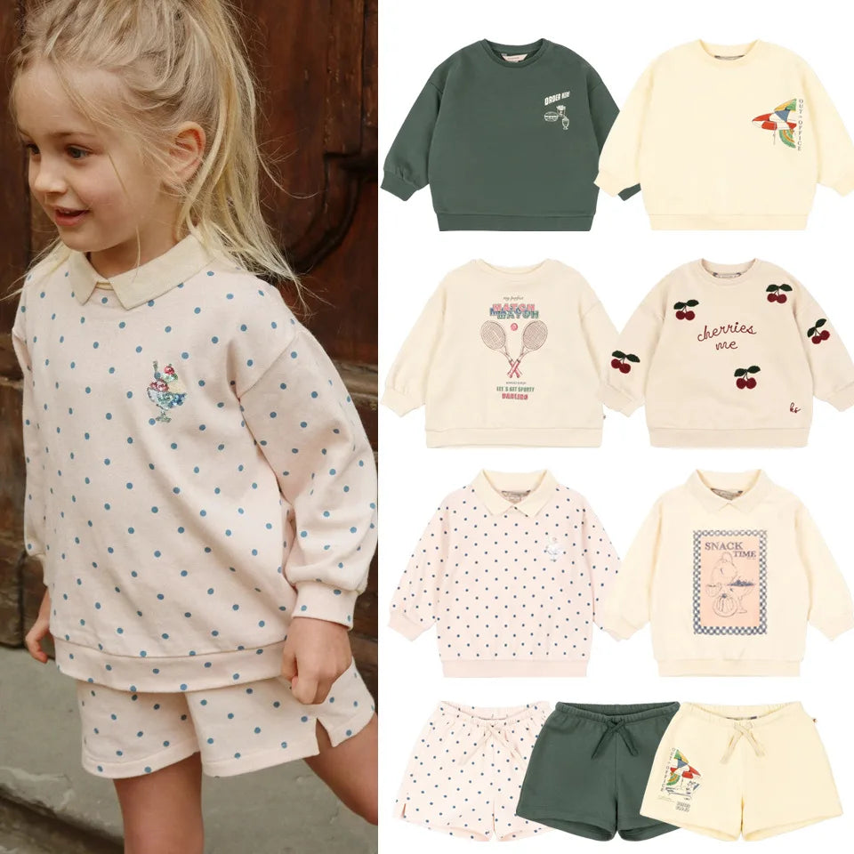 2026 KS Autumn Baby Boys Cotton Sweatshirts Tennis Pullovers Shorts Sets Kids Clothes Girls Cherry Sweatshirts Hoodies Trousers