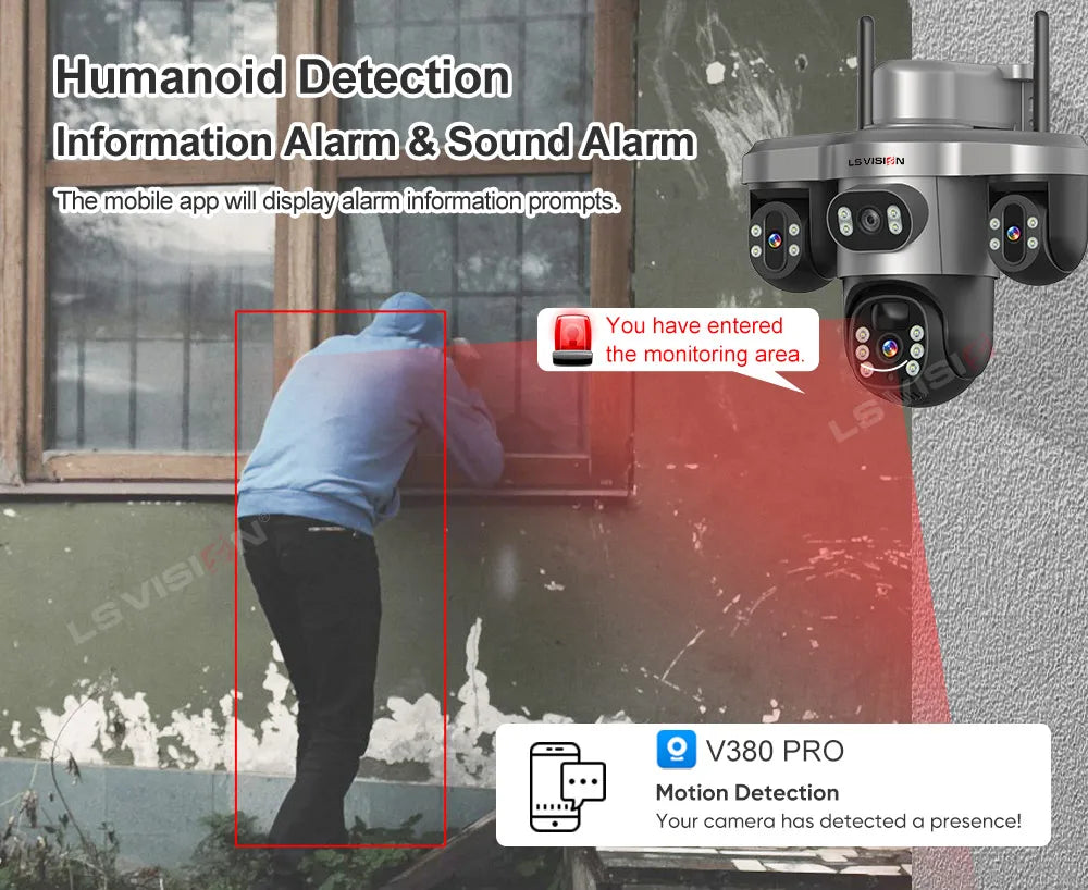 LS VISION Wireless WiFi Solar Camera Three Lens Three Screen 4G Sim Card Solar Cam Human Detection Outdoor Solar Surveillance