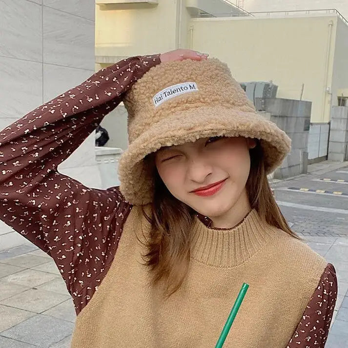 Warm Embroidered Hat Soft Lambswool Bucket Hat For Women Men Winter Warm Knitted Beanie Cap Soft Warm Thick Fisherman Hat