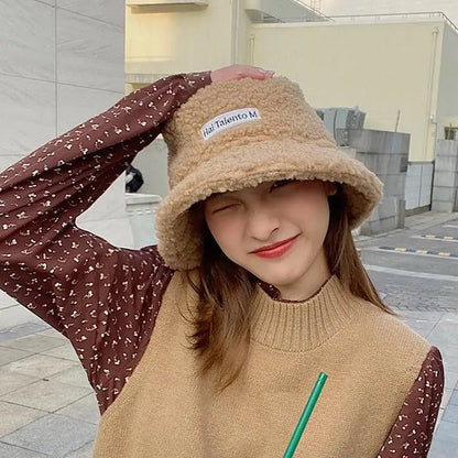 Warm Embroidered Hat Soft Lambswool Bucket Hat For Women Men Winter Warm Knitted Beanie Cap Soft Warm Thick Fisherman Hat