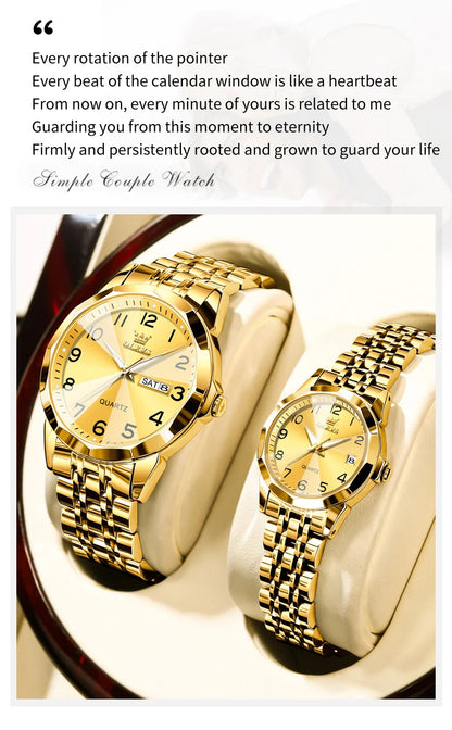 OLEVS 9970 Couple Watch For Men Women Luxury Number Dial Rhombus Mirror Quartz Hand Clock Stainless Steel Original Dress Watches