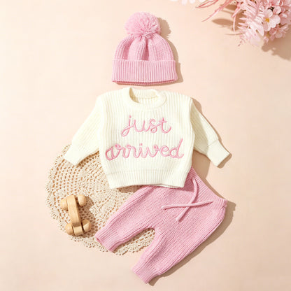 Ylsteed 3 Pcs Set Knitting Newborn Boy Photography Clothes "Just Arrived" Embroidery Khaki Baby Outfits Sweater Baby Shower Gift