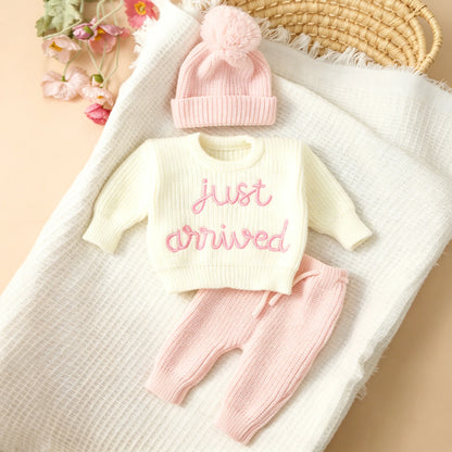 Ylsteed 3 Pcs Set Knitting Newborn Boy Photography Clothes "Just Arrived" Embroidery Khaki Baby Outfits Sweater Baby Shower Gift