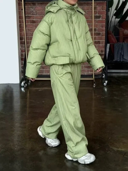Stripe Women's Padded Cotton Coats Pant Suit Hooded Zipper Puffer Coat Loose Thick Pants 2026 Fashion Lady Autumn Winter Ski Set
