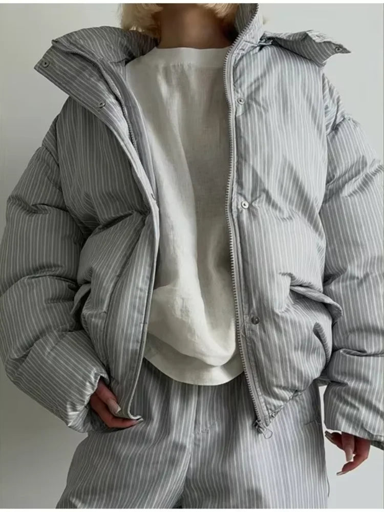 Stripe Women's Padded Cotton Coats Pant Suit Hooded Zipper Puffer Coat Loose Thick Pants 2026 Fashion Lady Autumn Winter Ski Set