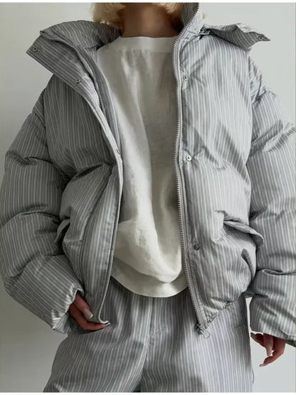 Stripe Women's Padded Cotton Coats Pant Suit Hooded Zipper Puffer Coat Loose Thick Pants 2026 Fashion Lady Autumn Winter Ski Set