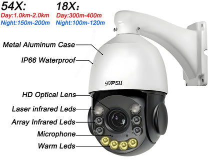 Metal Full Color Laser Infrared Auto Tracking Cruise 8MP 4K 30fps 90X Optical Zoom 360° Audio Onvif POE Speed Dome PTZ IP Camera