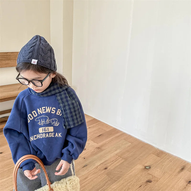 deer jonmi 2025 Winter Children Letter Printed Sweatshirts Thicken Warm Baby Boys Casual Fleece Lining Pullovers Tops