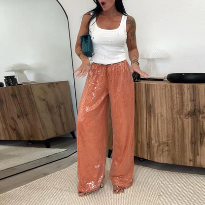 Casual Sequin Pants Women Loose Elastic Waist Wide Legs Trousers Female 2026 Autumn Winter Fashion Chic Solid Streetwears Lady